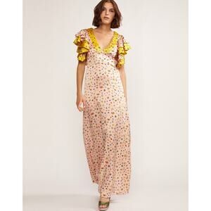 Cynthia Rowley Pamela Flutter-Sleeve Maxi Dress silk floral pink yellow size 2